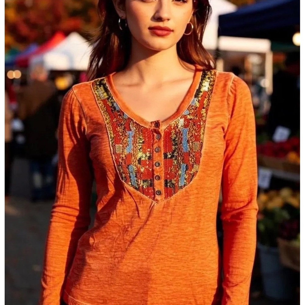 Free People Tiger Eyes Sequin Bib Orange Henley Top Blouse Size M Boho Glam‎